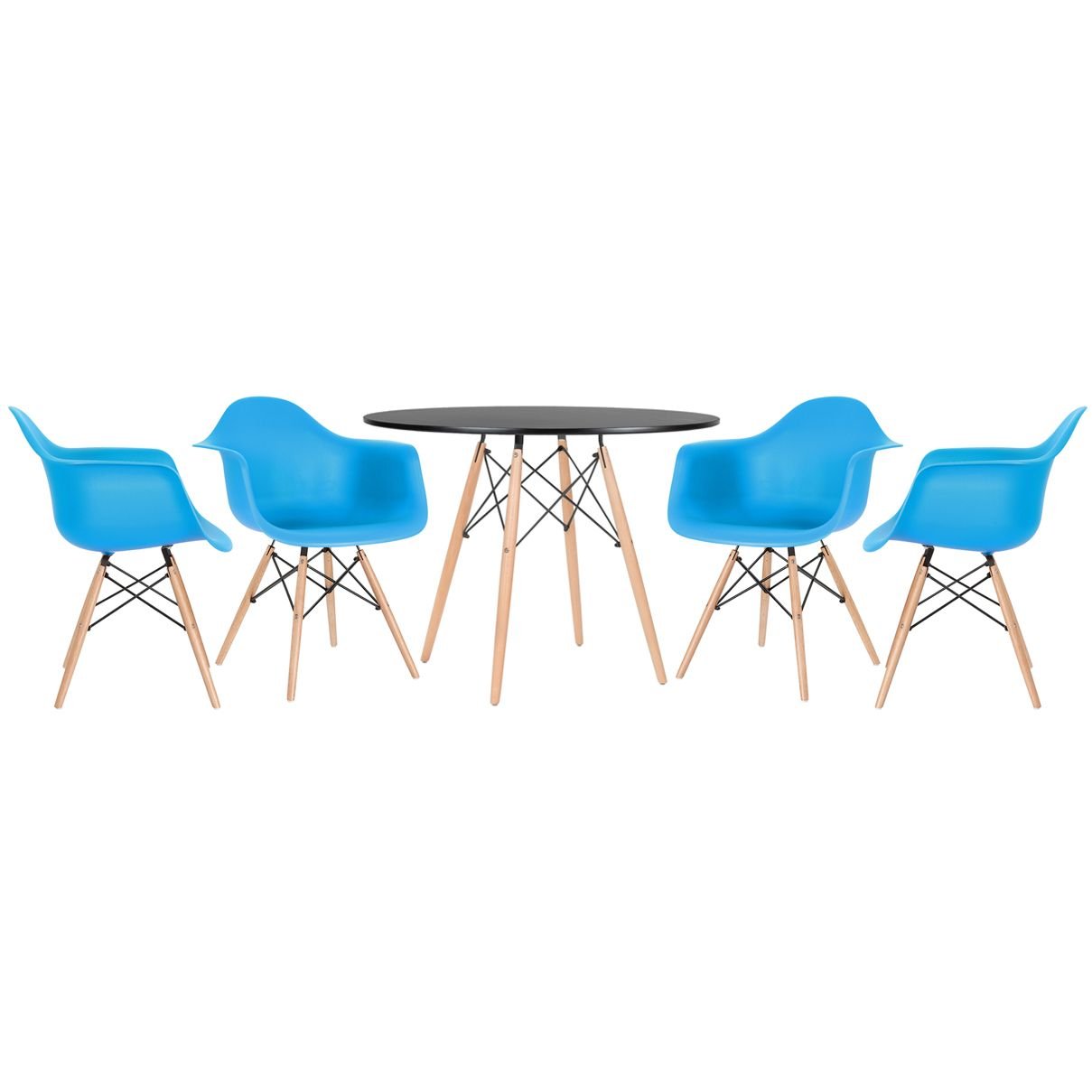Mesa redonda Eames 100 cm preto + 4 cadeiras Eiffel DAW Azul céu