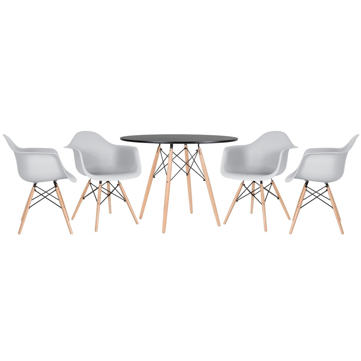 Mesa redonda Eames 100 cm preto + 4 cadeiras Eiffel DAW Cinza claro