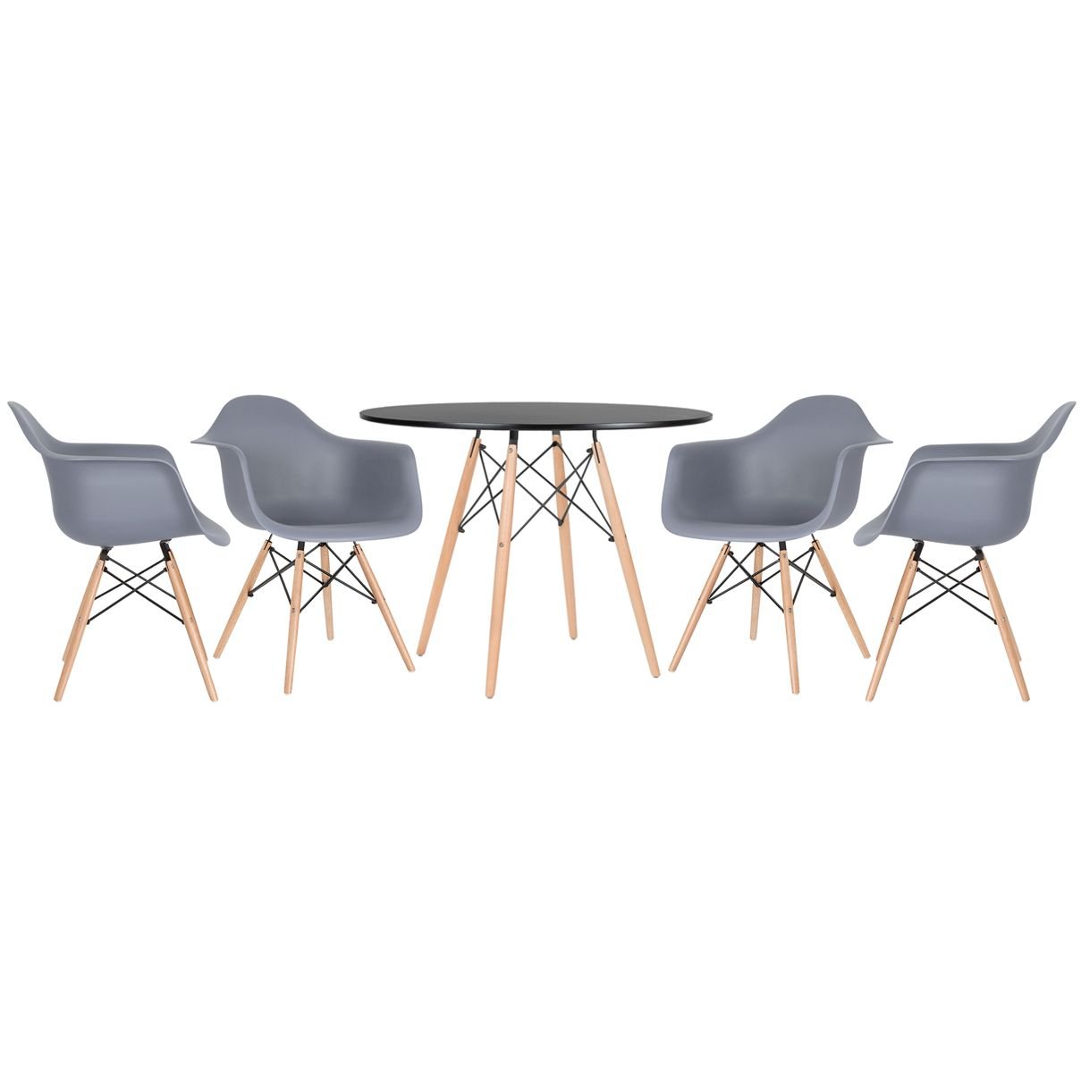 Mesa redonda Eames 100 cm preto + 4 cadeiras Eiffel DAW Cinza escuro