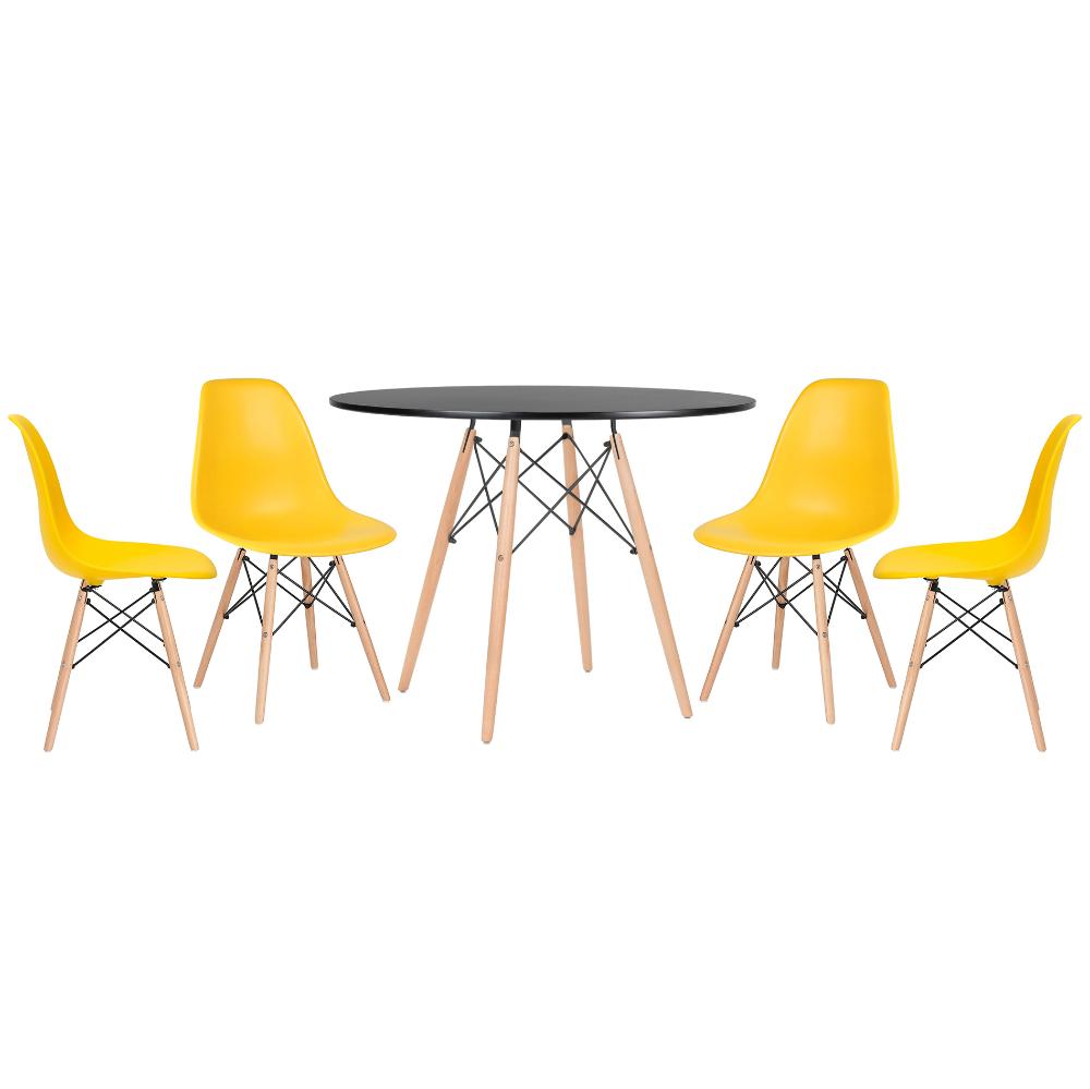 Mesa redonda Eames 100 cm preto + 4 cadeiras Eiffel DSW Amarelo