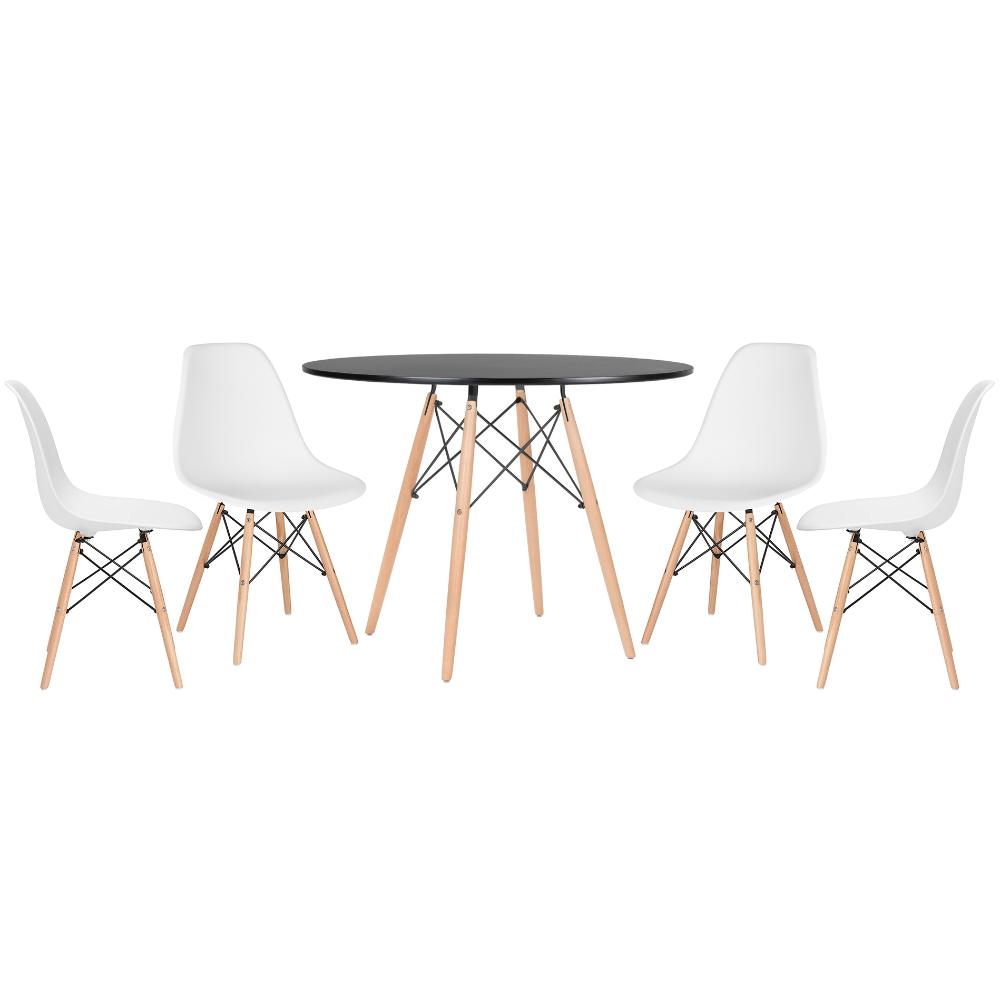 Mesa redonda Eames 100 cm preto + 4 cadeiras Eiffel DSW Branco