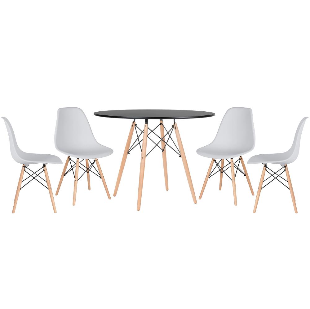 Mesa redonda Eames 100 cm preto + 4 cadeiras Eiffel DSW Cinza claro
