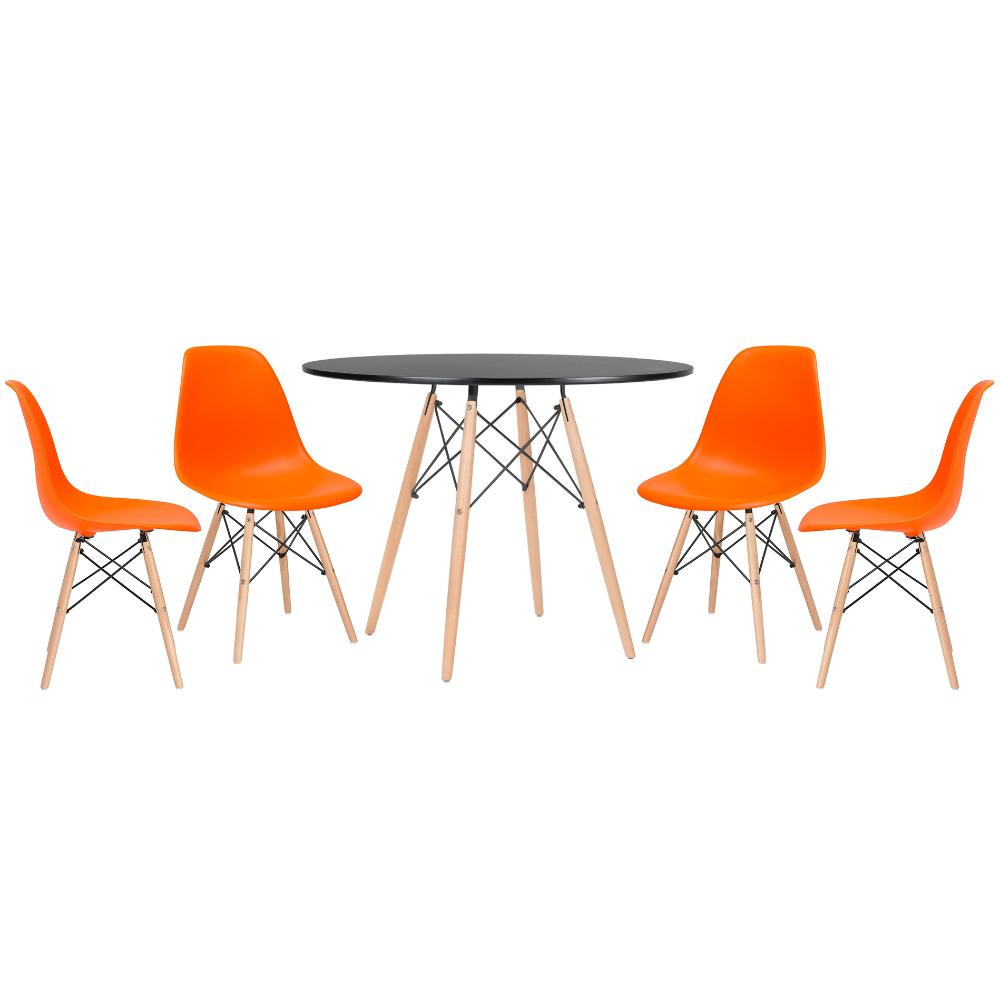 Mesa redonda Eames 100 cm preto + 4 cadeiras Eiffel DSW Laranja
