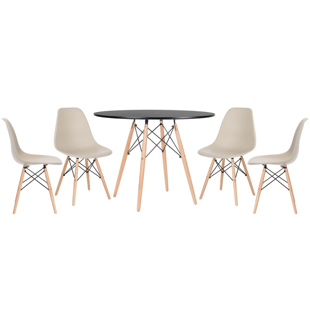 Mesa redonda Eames 100 cm preto + 4 cadeiras Eiffel DSW Nude