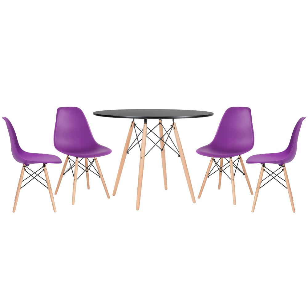 Mesa redonda Eames 100 cm preto + 4 cadeiras Eiffel DSW Roxo