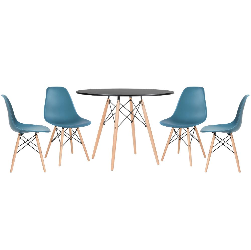 Mesa redonda Eames 100 cm preto + 4 cadeiras Eiffel DSW Turquesa