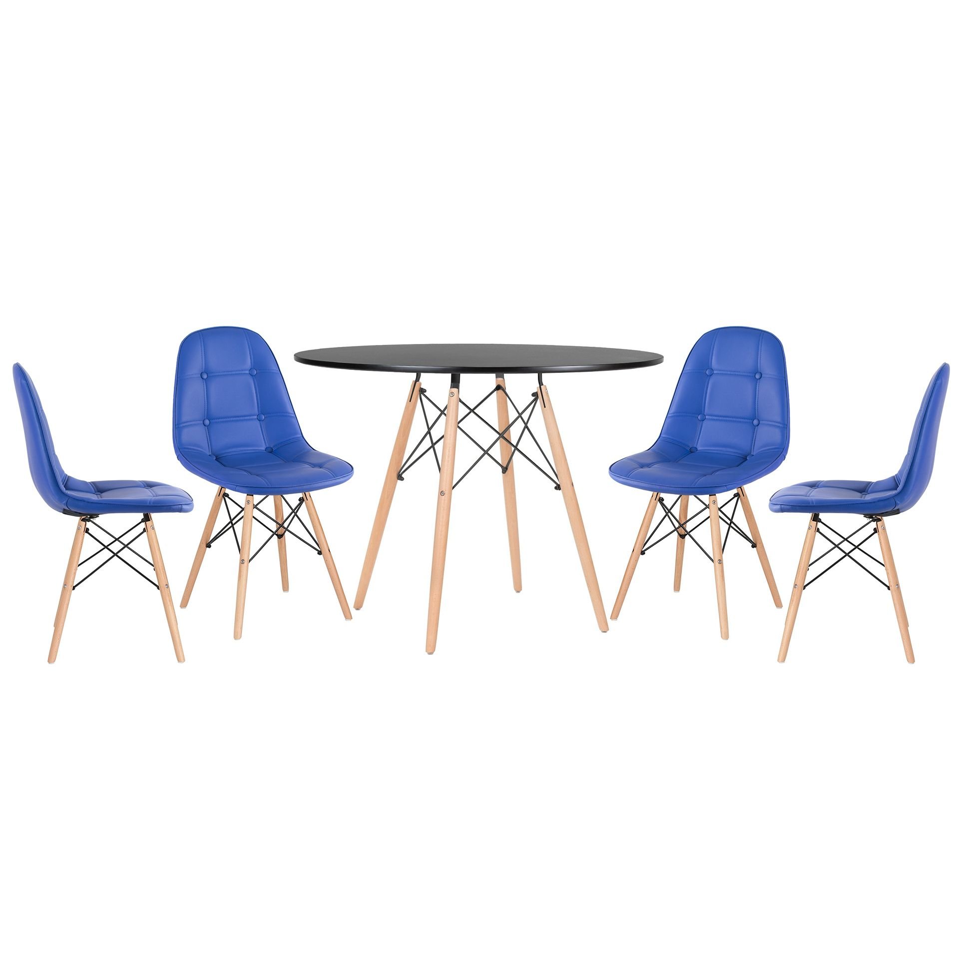 Mesa redonda Eames 100 cm preto + 4 cadeiras estofadas Eiffel Botonê Azul