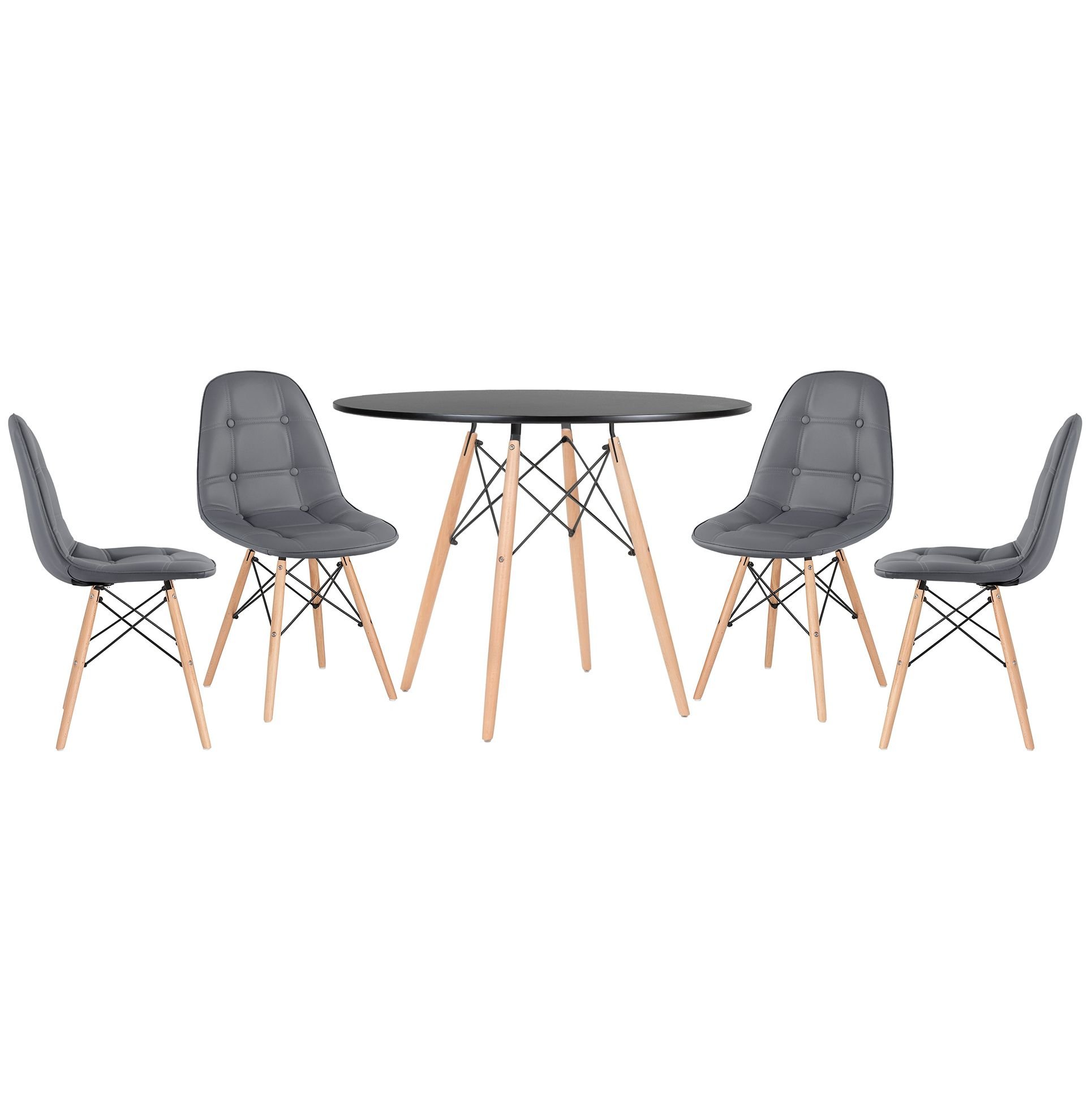 Mesa redonda Eames 100 cm preto + 4 cadeiras estofadas Eiffel Botonê Cinza escuro