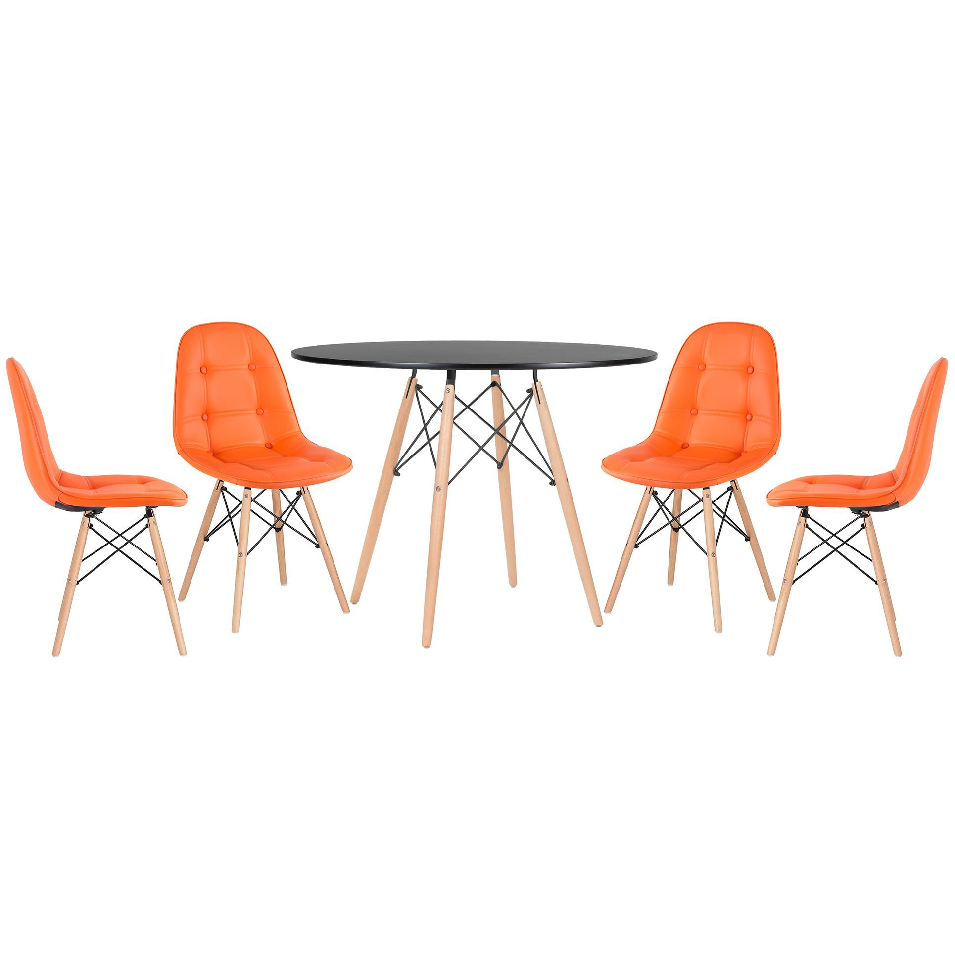 Mesa redonda Eames 100 cm preto + 4 cadeiras estofadas Eiffel Botonê Laranja