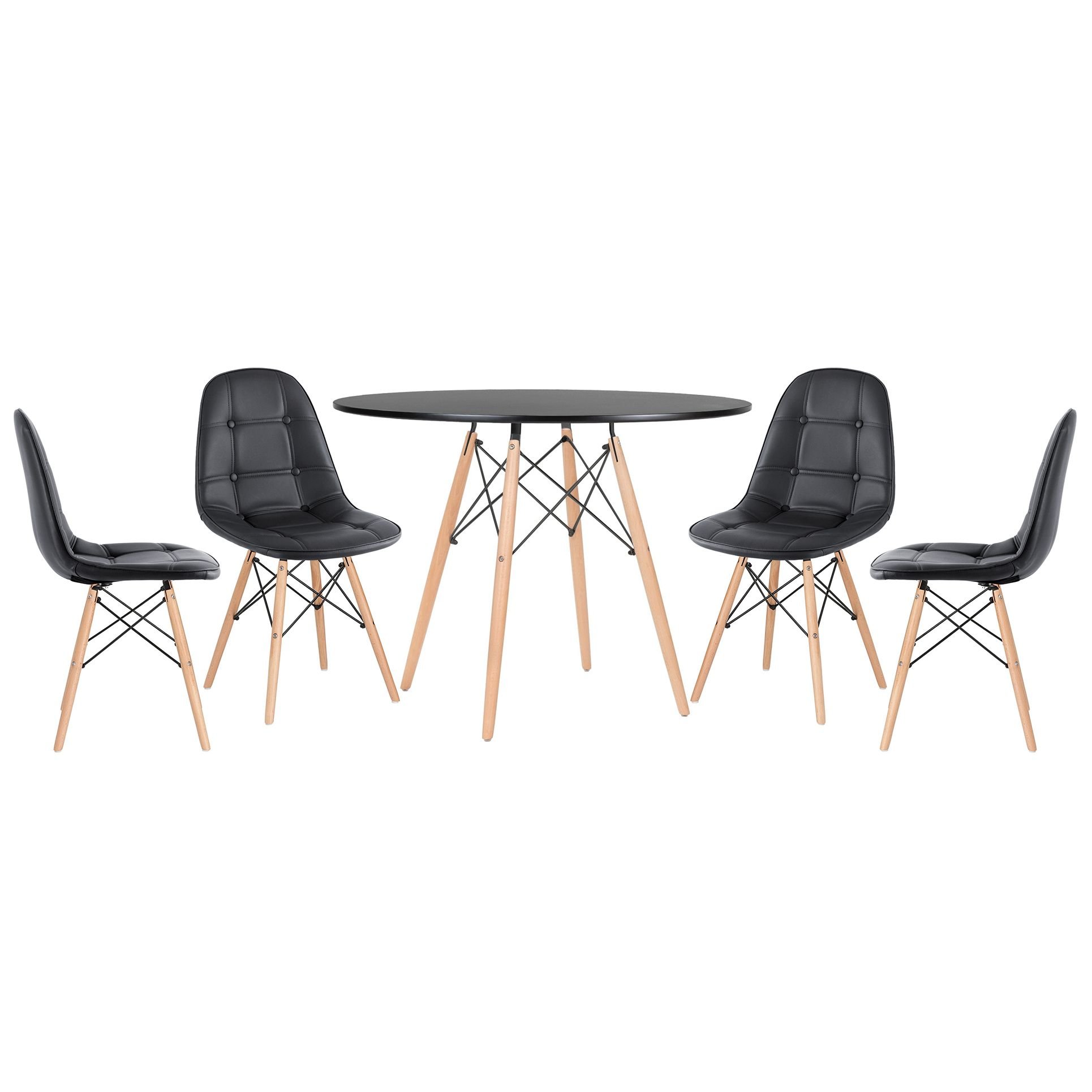 Mesa redonda Eames 100 cm preto + 4 cadeiras estofadas Eiffel Botonê Preto