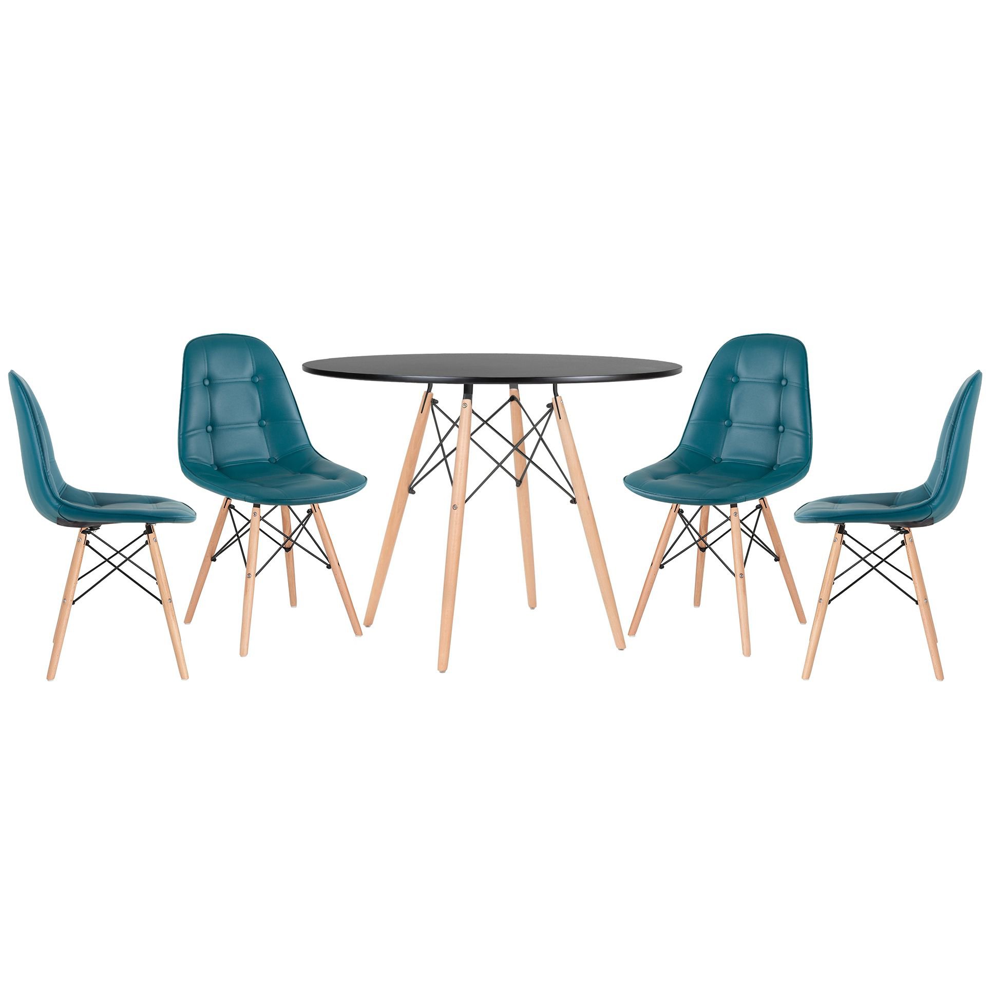 Mesa redonda Eames 100 cm preto + 4 cadeiras estofadas Eiffel Botonê Turquesa