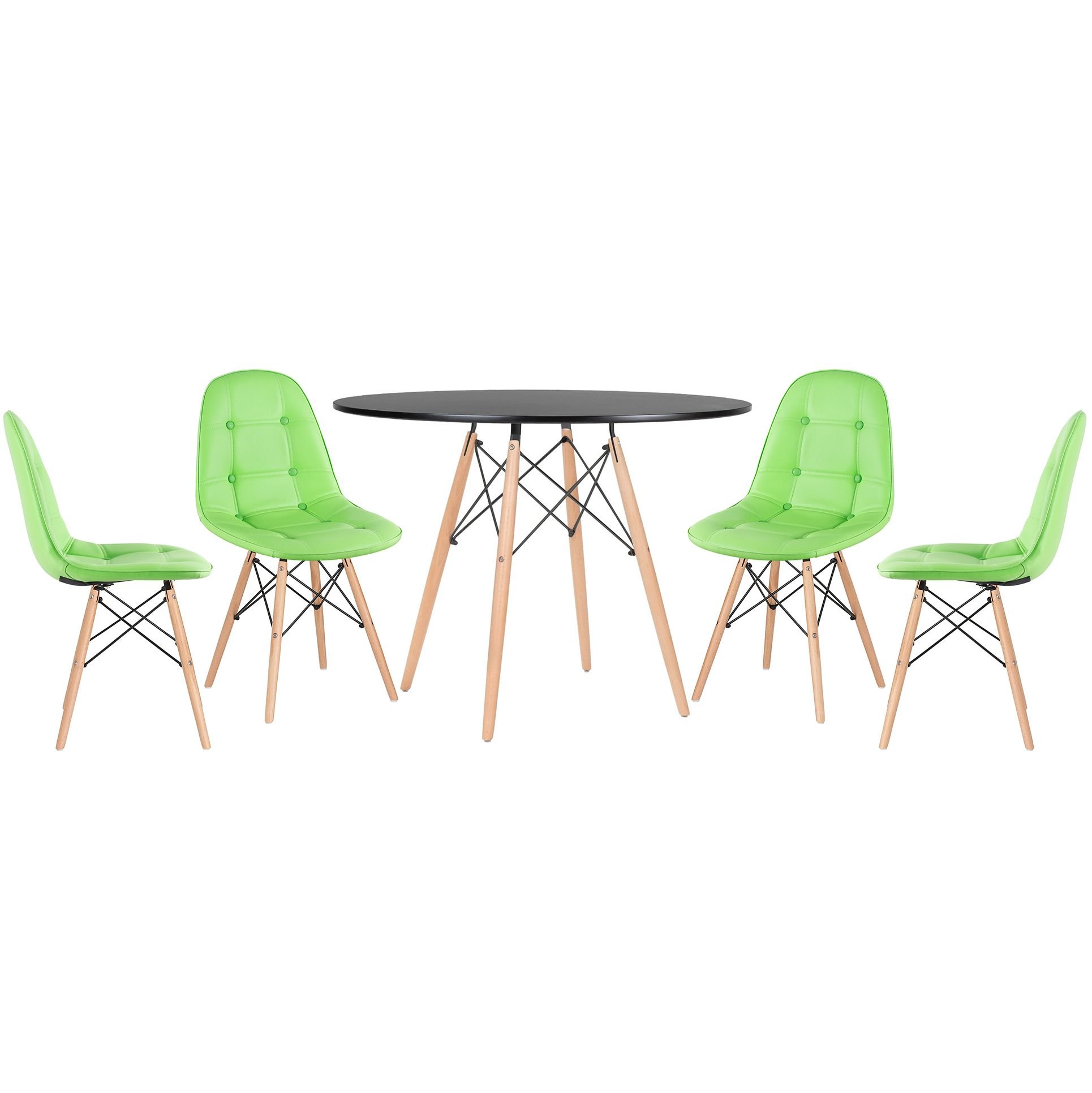 Mesa redonda Eames 100 cm preto + 4 cadeiras estofadas Eiffel Botonê Verde claro