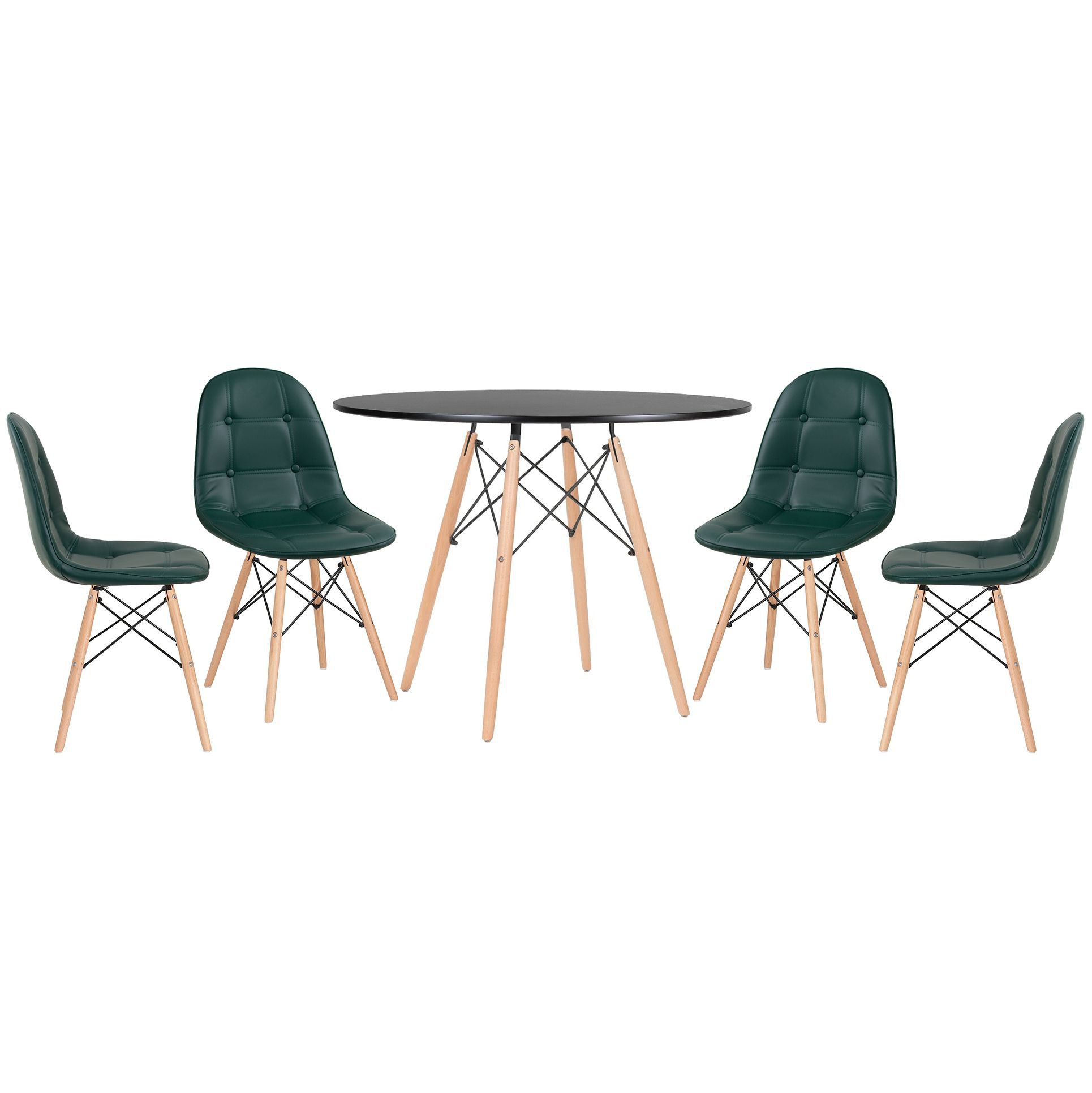 Mesa redonda Eames 100 cm preto + 4 cadeiras estofadas Eiffel Botonê Verde escuro