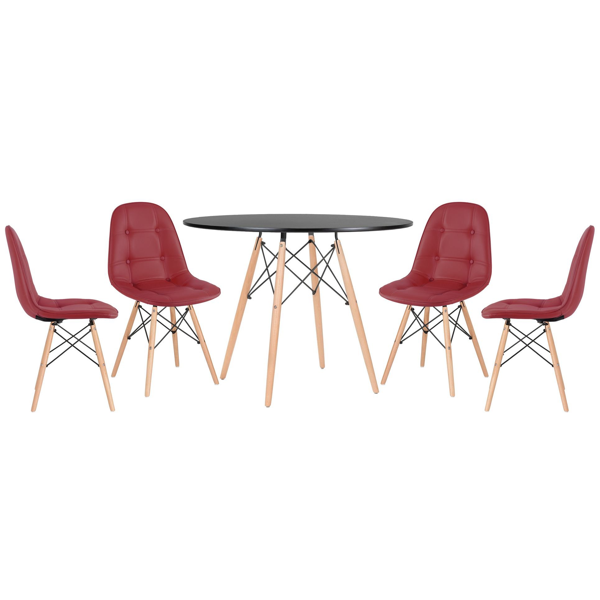Mesa redonda Eames 100 cm preto + 4 cadeiras estofadas Eiffel Botonê Vinho