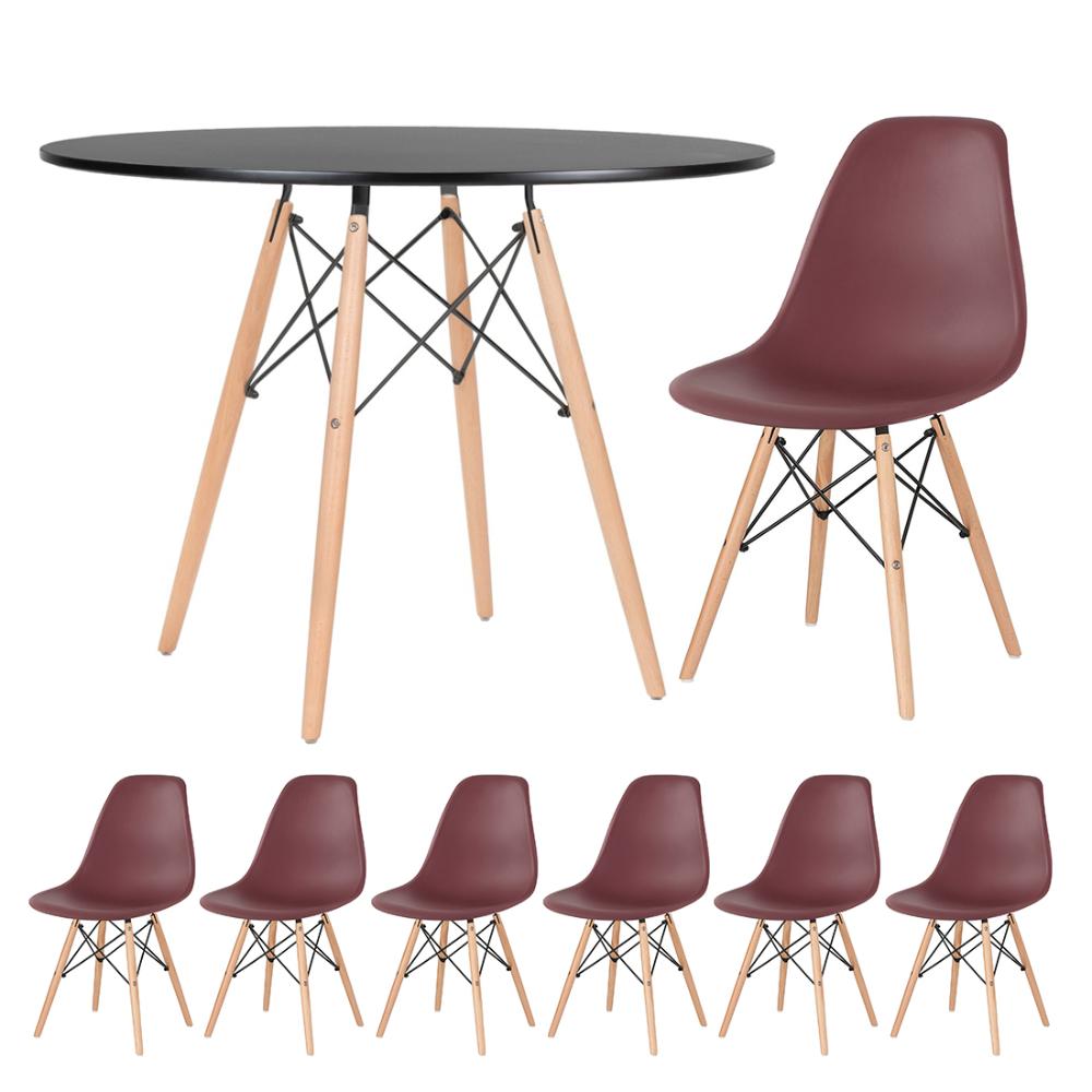 Mesa redonda Eames 100 cm preto + 6 cadeiras Eiffel DSW Marrom