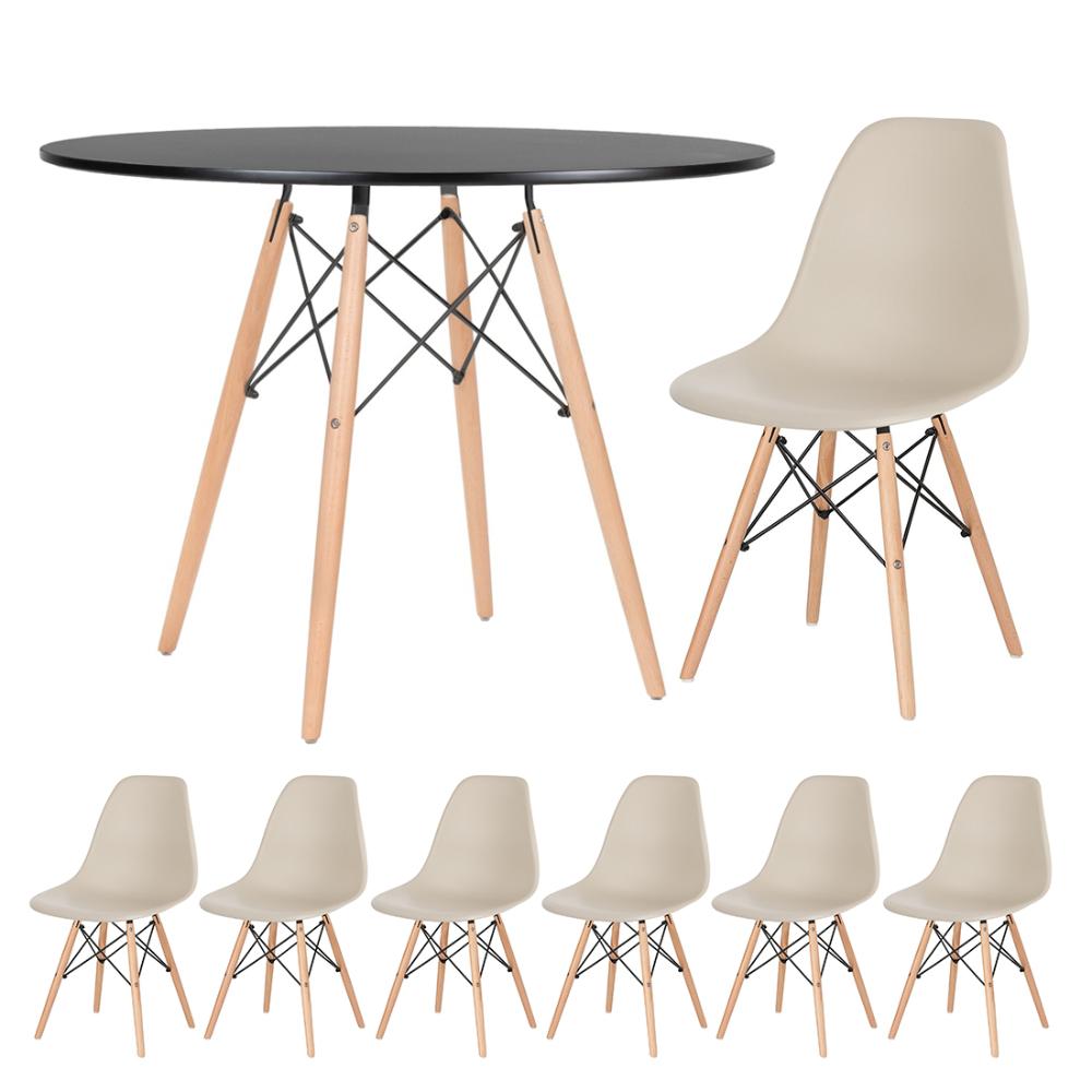Mesa redonda Eames 100 cm preto + 6 cadeiras Eiffel DSW Nude