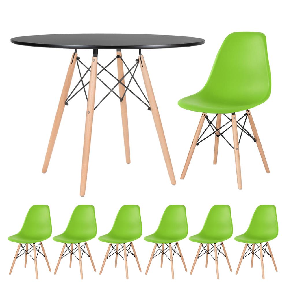 Mesa redonda Eames 100 cm preto + 6 cadeiras Eiffel DSW Verde claro