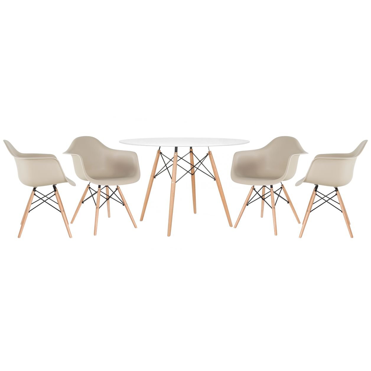 Mesa redonda Eames 120 cm + 4 cadeiras Eiffel DAW Mesa branco com cadeiras nude