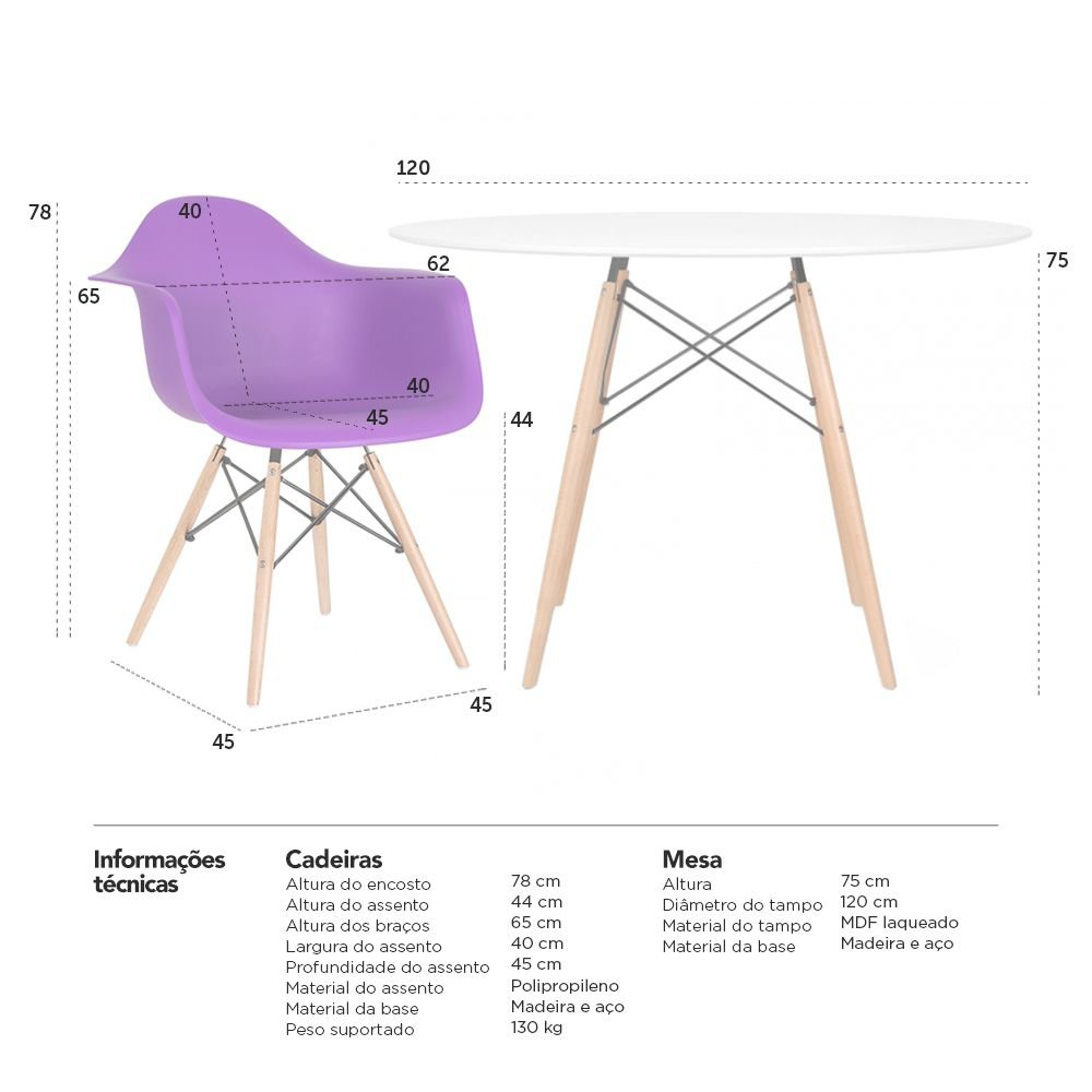 Mesa redonda Eames 120 cm + 4 cadeiras Eiffel DAW Mesa branco com cadeiras roxo