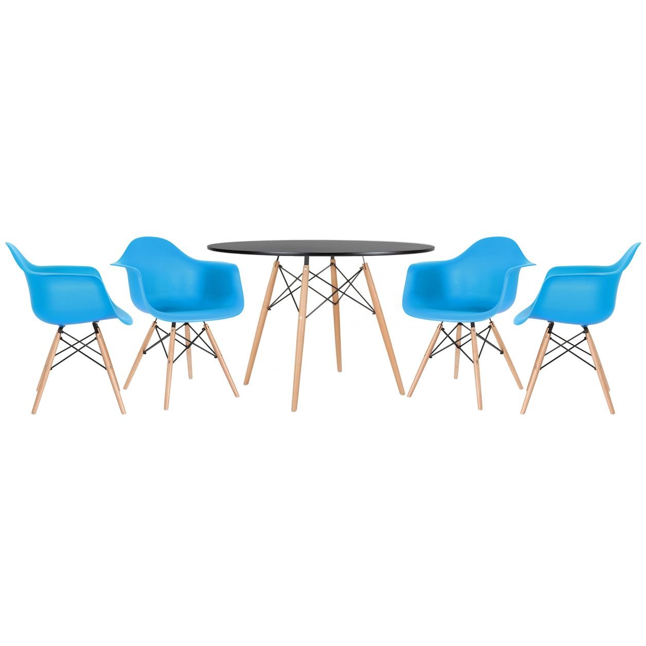 Mesa redonda Eames 120 cm + 4 cadeiras Eiffel DAW Mesa preto com cadeiras azul céu
