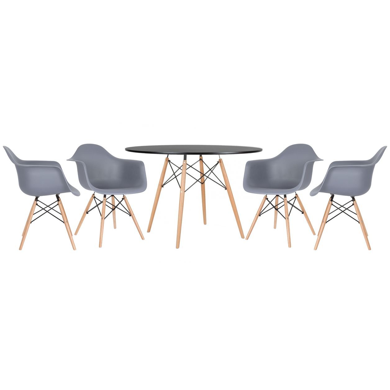 Mesa redonda Eames 120 cm + 4 cadeiras Eiffel DAW Mesa preto com cadeiras cinza escuro