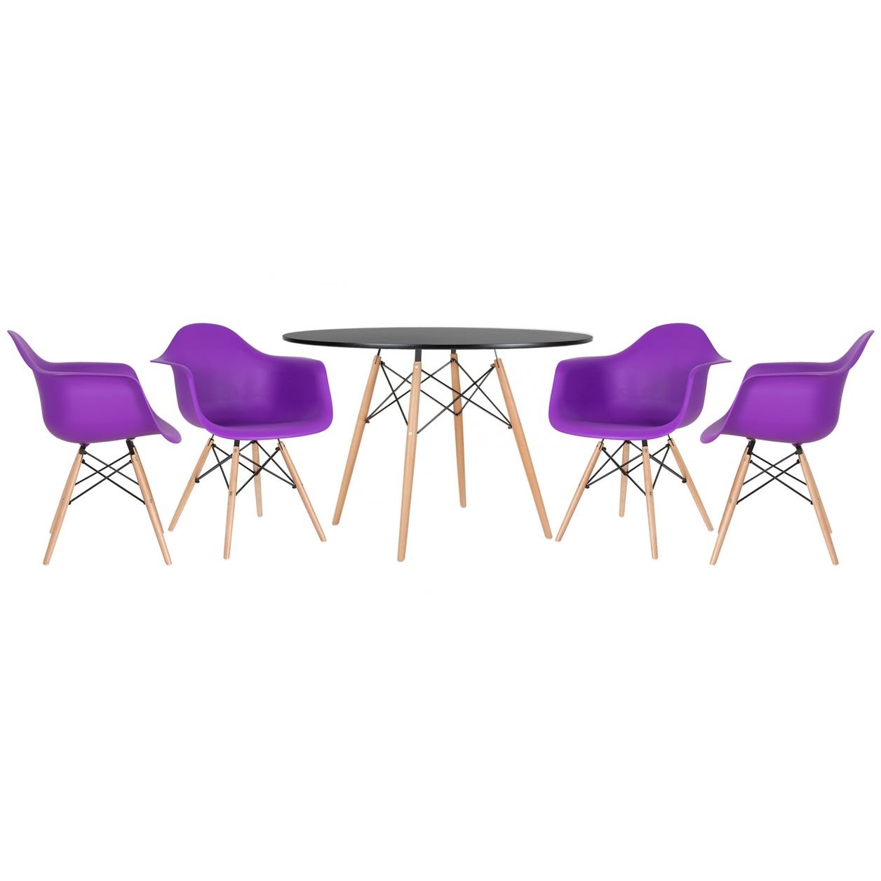 Mesa redonda Eames 120 cm + 4 cadeiras Eiffel DAW Mesa preto com cadeiras roxo