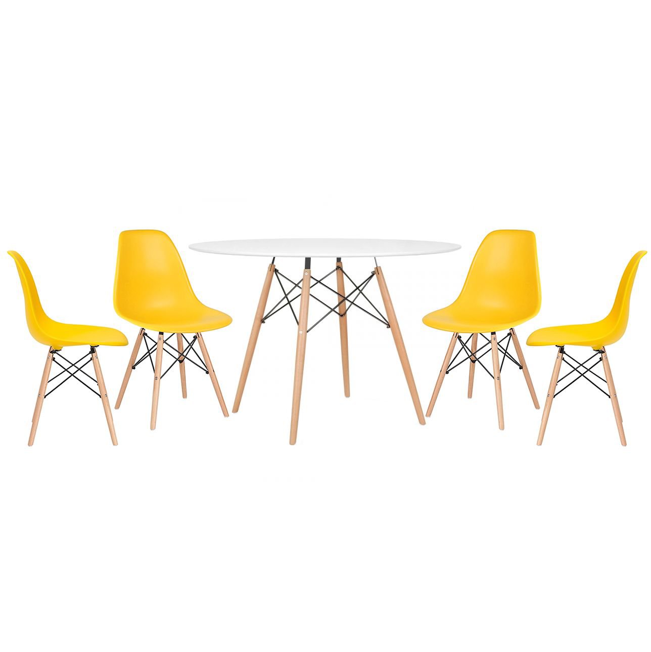 Mesa redonda Eames 120 cm + 4 cadeiras Eiffel DSW Mesa branco com cadeiras amarelo