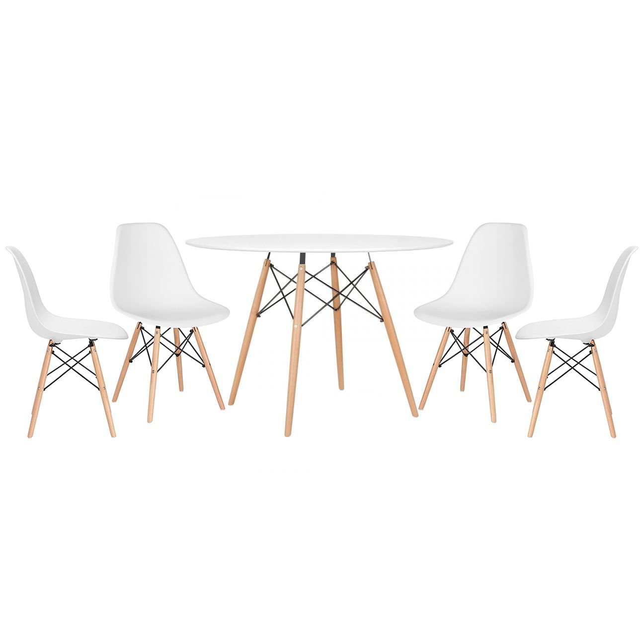 Mesa redonda Eames 120 cm + 4 cadeiras Eiffel DSW Mesa branco com cadeiras branco