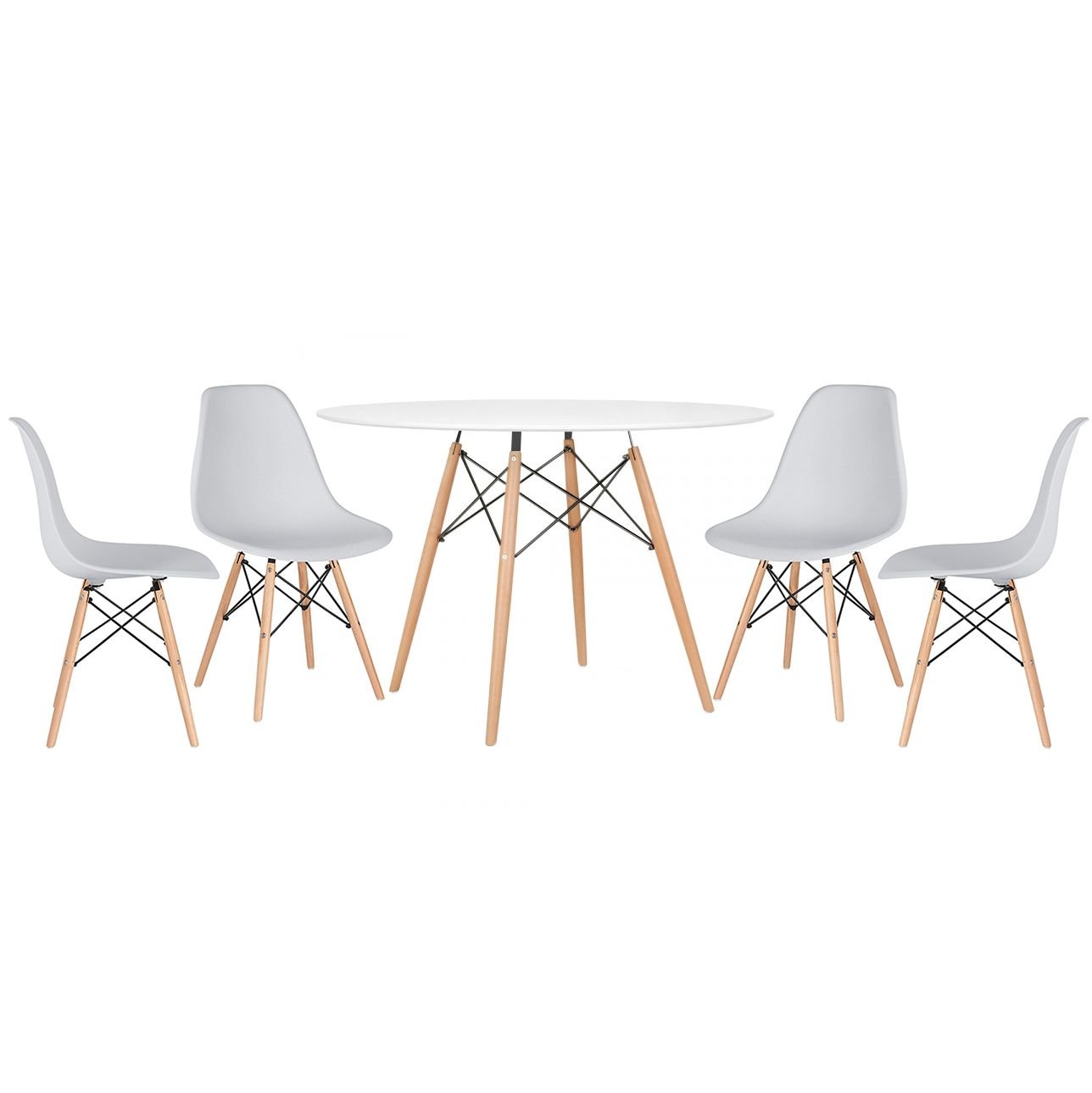 Mesa redonda Eames 120 cm + 4 cadeiras Eiffel DSW Mesa branco com cadeiras cinza claro