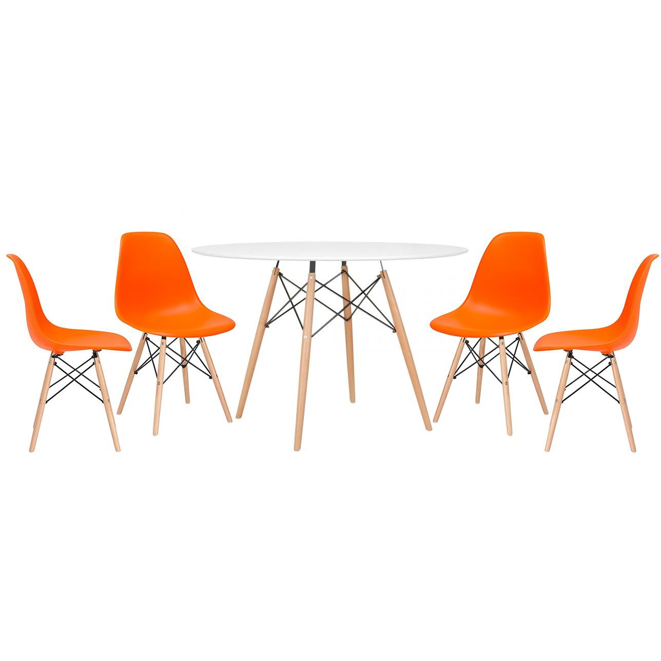 Mesa redonda Eames 120 cm + 4 cadeiras Eiffel DSW Mesa branco com cadeiras laranja