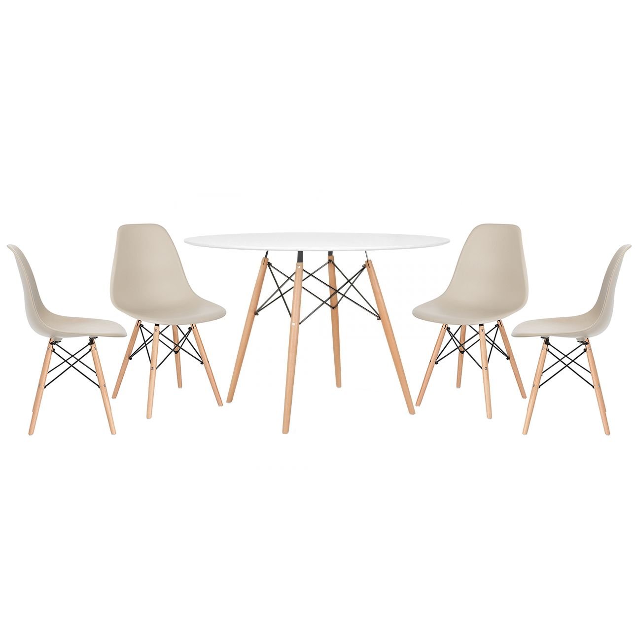 Mesa redonda Eames 120 cm + 4 cadeiras Eiffel DSW Mesa branco com cadeiras nude