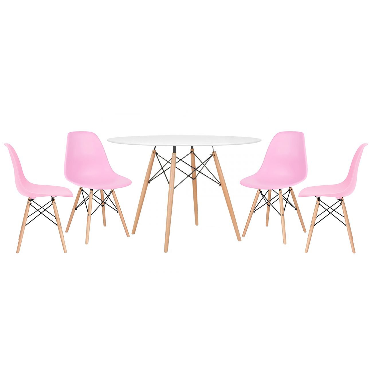 Mesa redonda Eames 120 cm + 4 cadeiras Eiffel DSW Mesa branco com cadeiras rosa claro