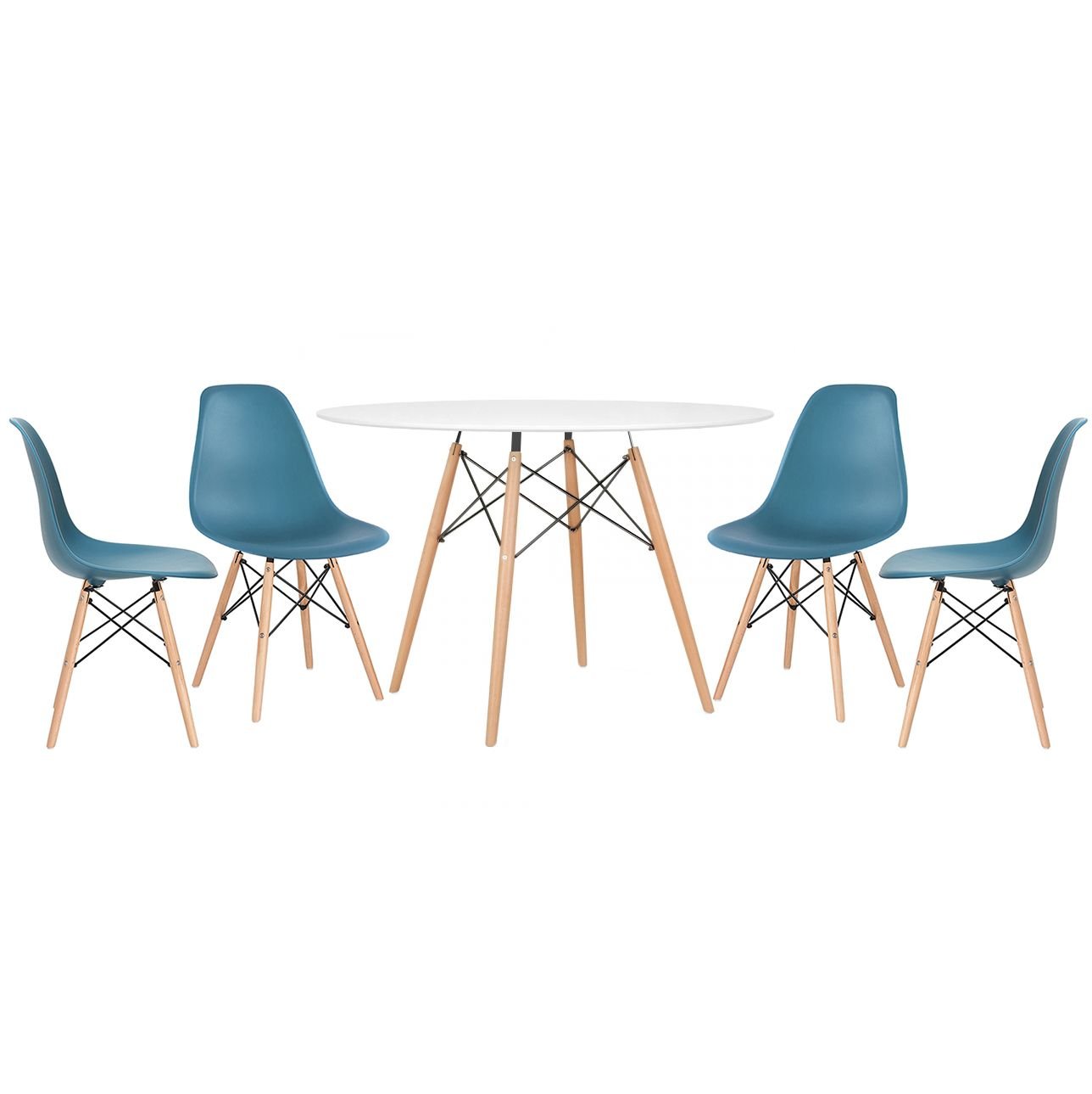 Mesa redonda Eames 120 cm + 4 cadeiras Eiffel DSW Mesa branco com cadeiras turquesa