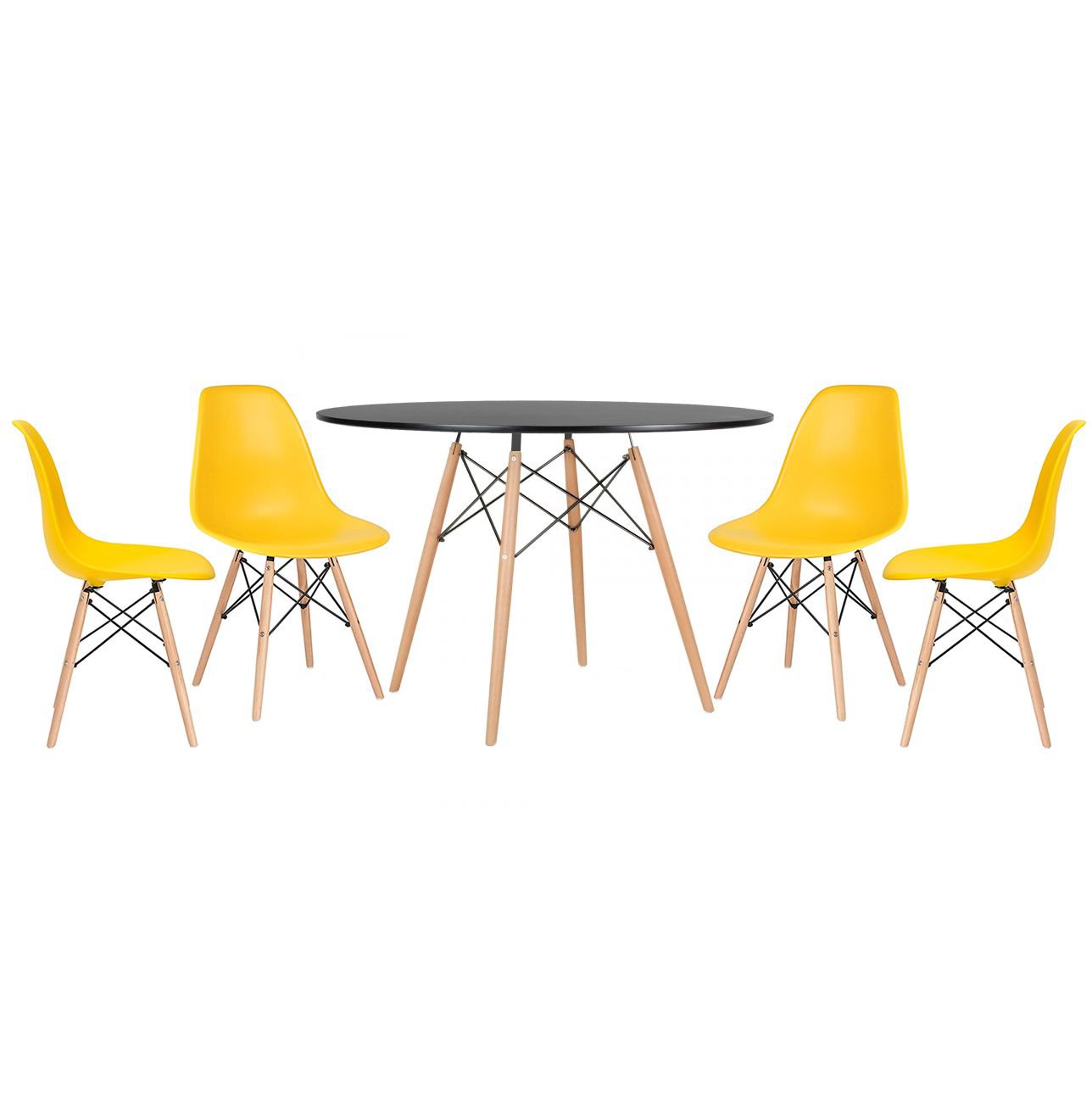 Mesa redonda Eames 120 cm + 4 cadeiras Eiffel DSW Mesa preto com cadeiras amarelo