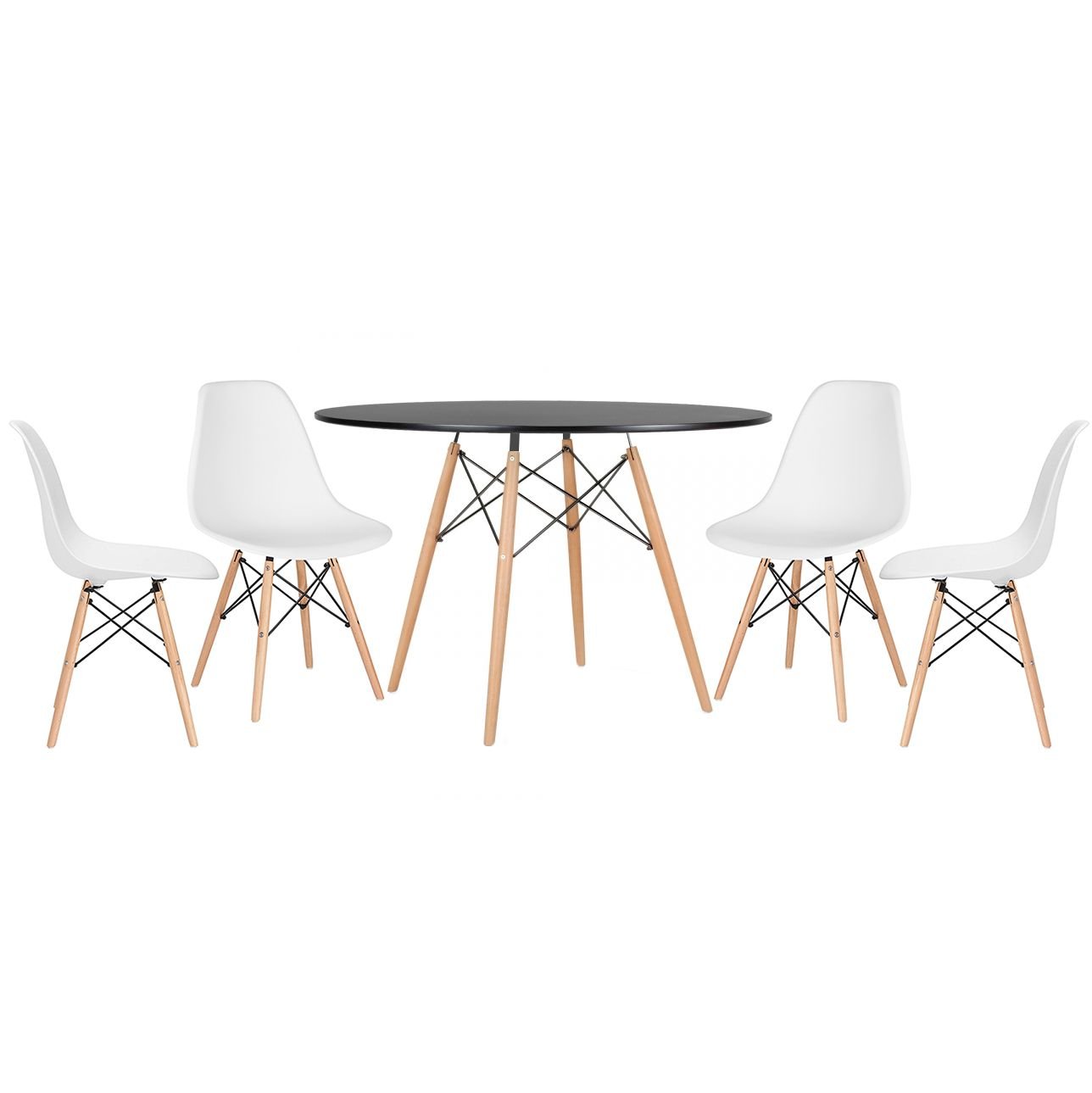 Mesa redonda Eames 120 cm + 4 cadeiras Eiffel DSW Mesa preto com cadeiras branco