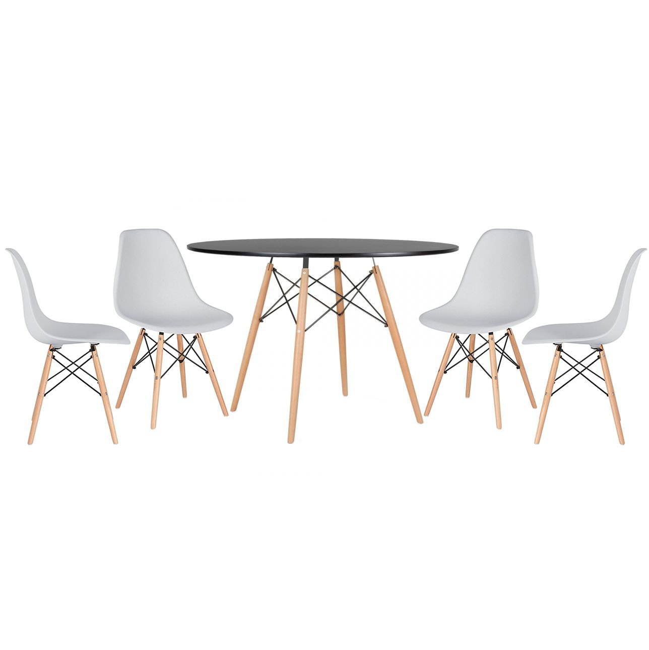 Mesa redonda Eames 120 cm + 4 cadeiras Eiffel DSW Mesa preto com cadeiras cinza claro