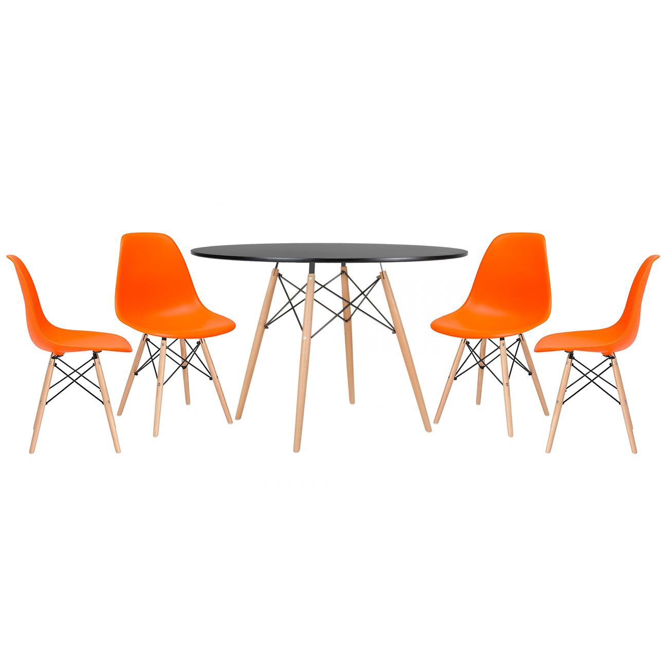 Mesa redonda Eames 120 cm + 4 cadeiras Eiffel DSW Mesa preto com cadeiras laranja