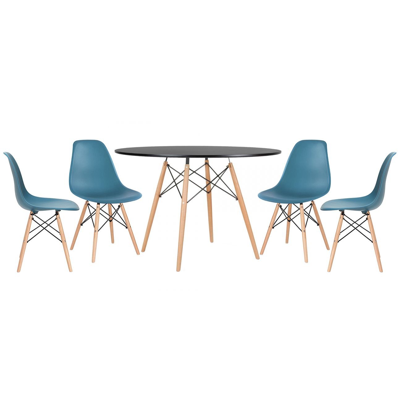 Mesa redonda Eames 120 cm + 4 cadeiras Eiffel DSW Mesa preto com cadeiras turquesa