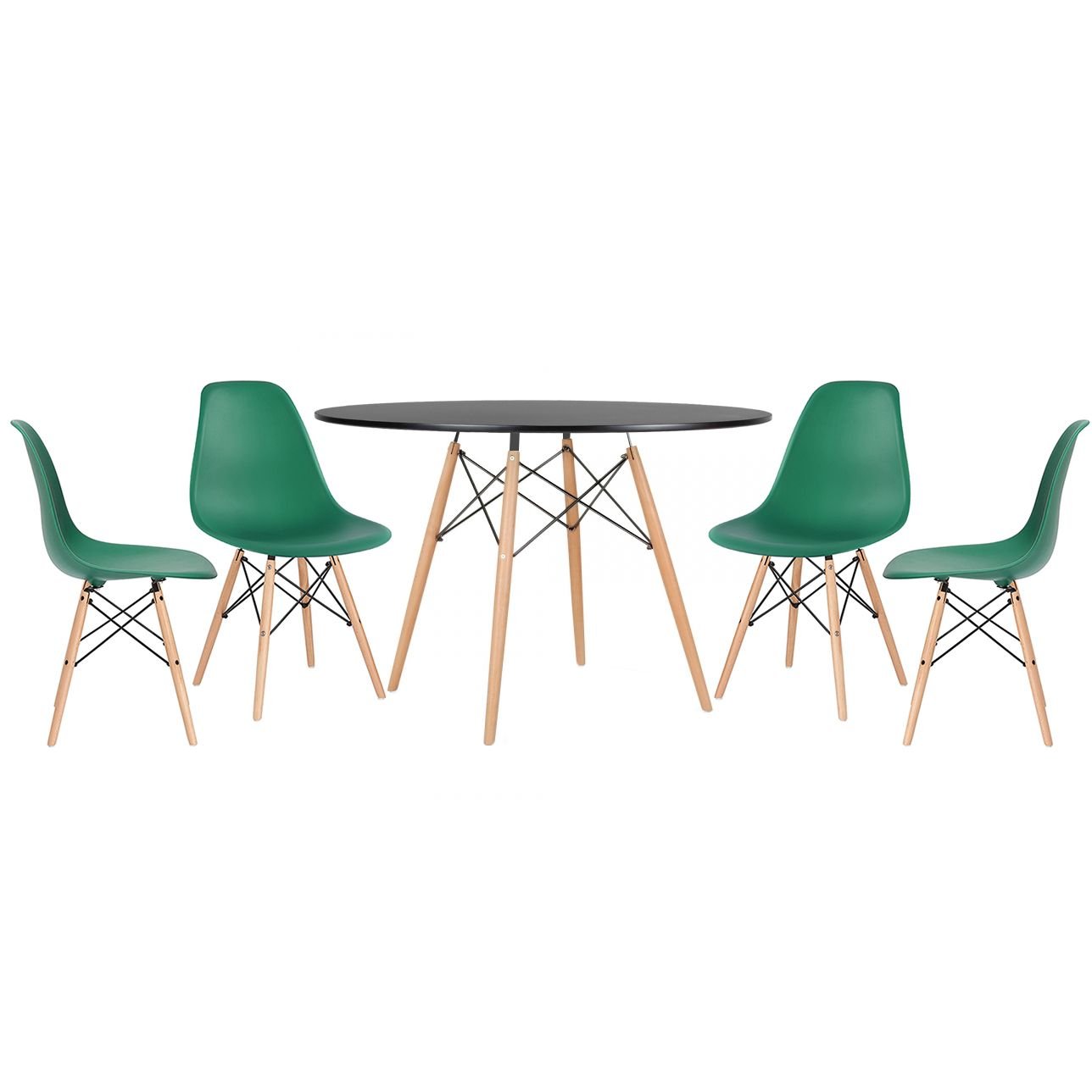 Mesa redonda Eames 120 cm + 4 cadeiras Eiffel DSW Mesa preto com cadeiras verde escuro