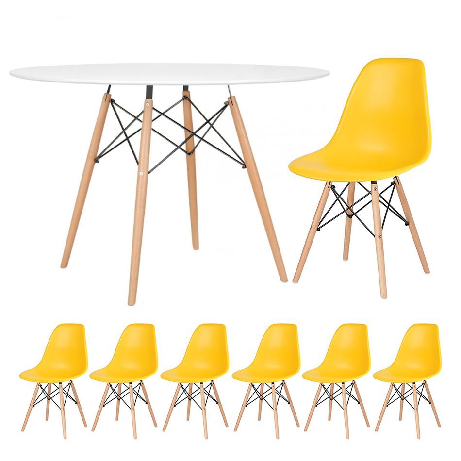 Mesa redonda Eames 120 cm + 6 cadeiras Eiffel DSW Mesa branco com cadeiras amarelo