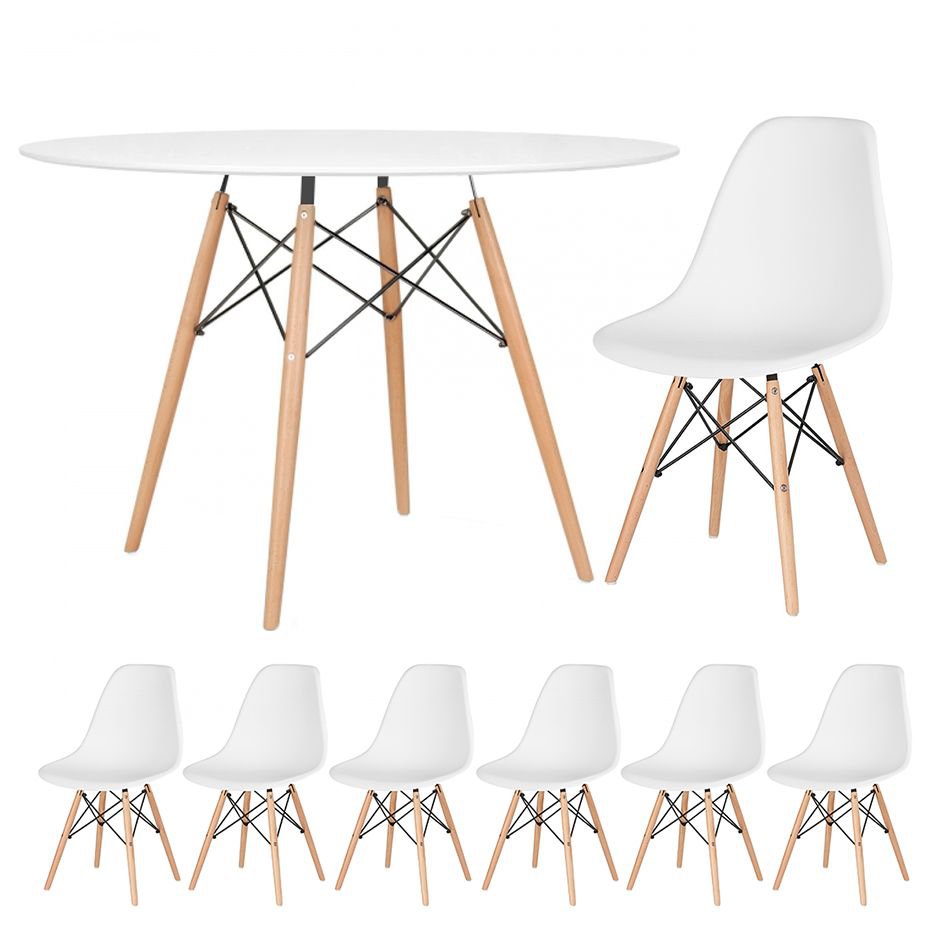 Mesa redonda Eames 120 cm + 6 cadeiras Eiffel DSW Mesa branco com cadeiras branco
