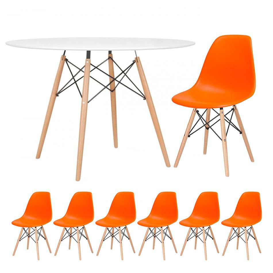 Mesa redonda Eames 120 cm + 6 cadeiras Eiffel DSW Mesa branco com cadeiras laranja