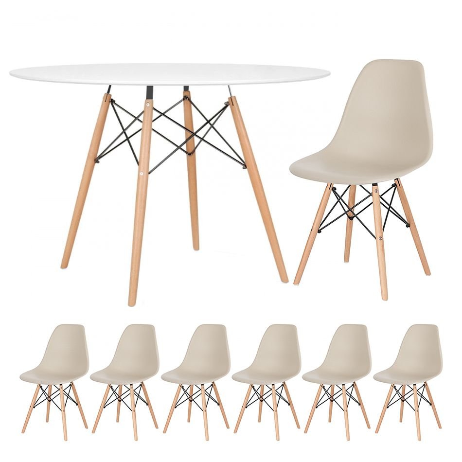 Mesa redonda Eames 120 cm + 6 cadeiras Eiffel DSW Mesa branco com cadeiras nude