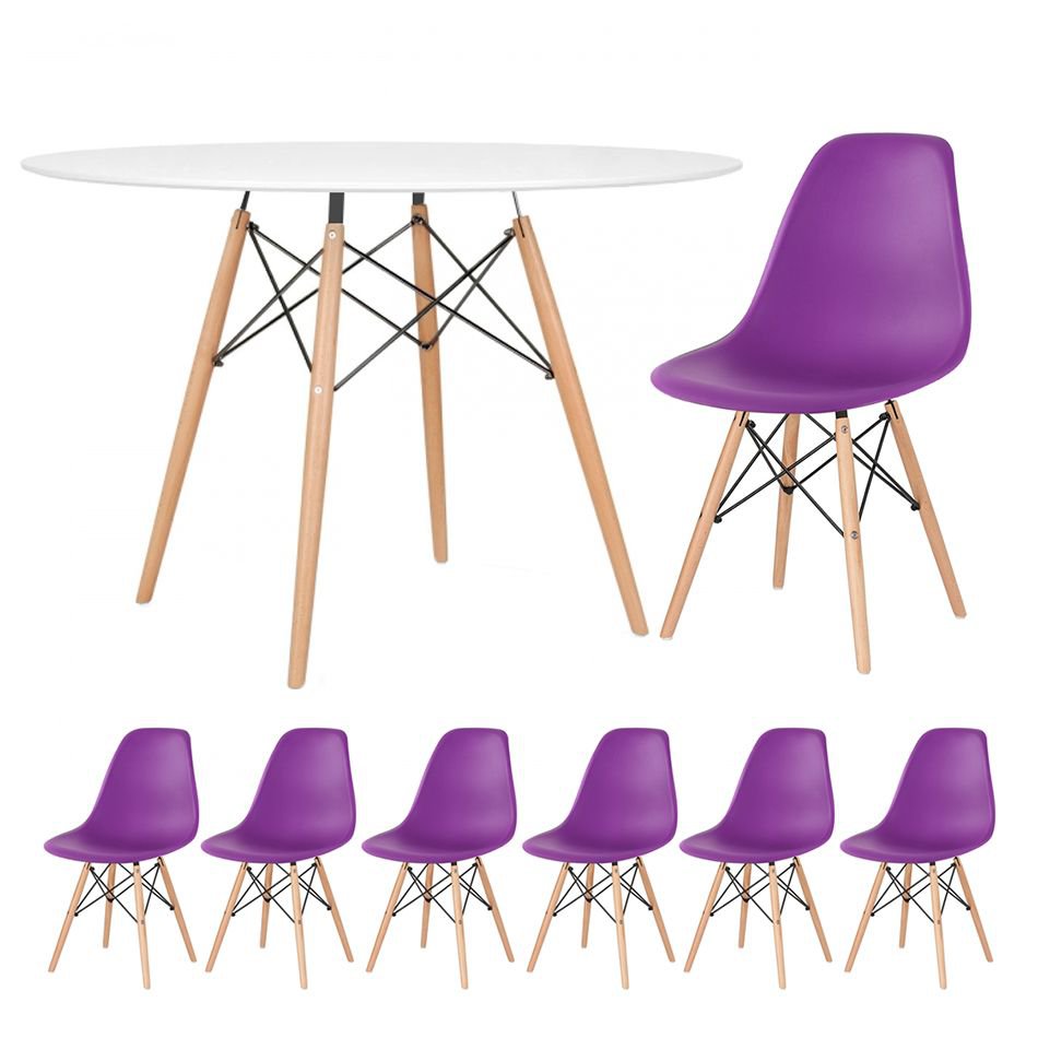 Mesa redonda Eames 120 cm + 6 cadeiras Eiffel DSW Mesa branco com cadeiras roxo