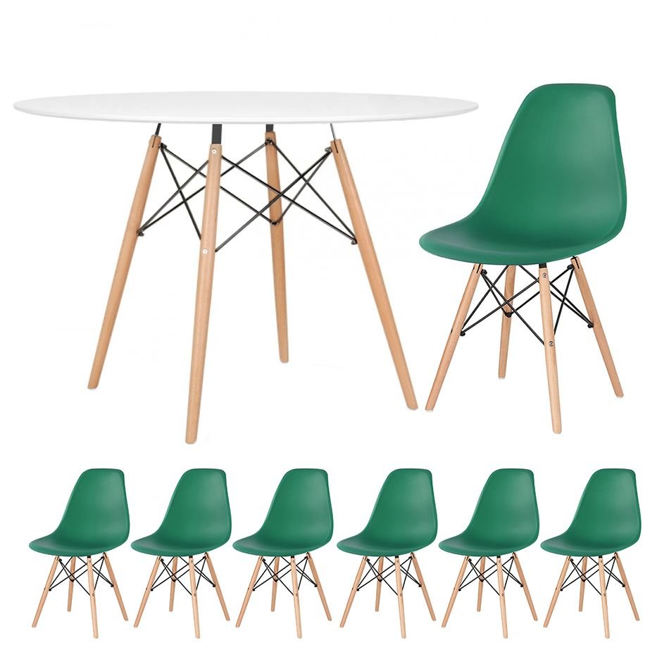 Mesa redonda Eames 120 cm + 6 cadeiras Eiffel DSW Mesa branco com cadeiras verde escuro