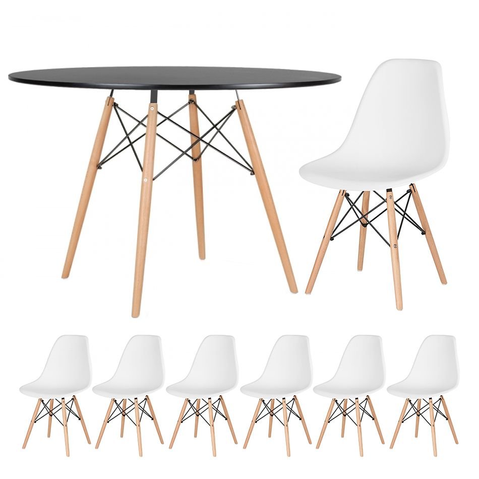 Mesa redonda Eames 120 cm + 6 cadeiras Eiffel DSW Mesa preto com cadeiras branco
