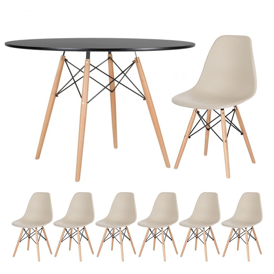 Mesa redonda Eames 120 cm + 6 cadeiras Eiffel DSW Mesa preto com cadeiras nude