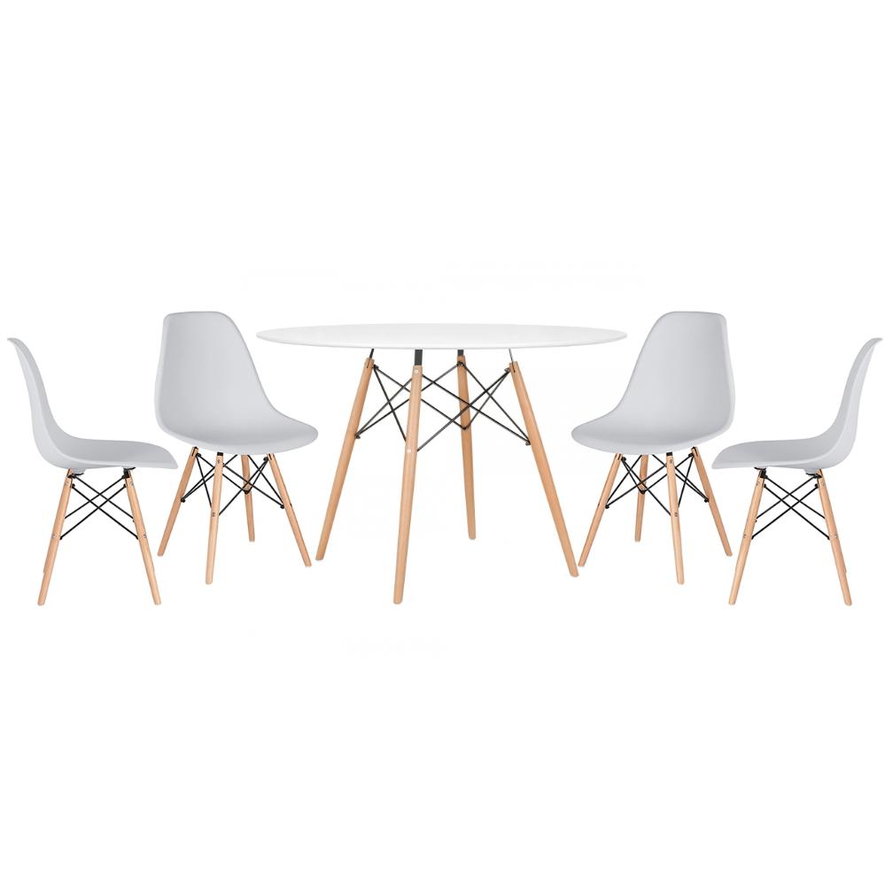 Mesa redonda Eames 120 cm branco + 4 cadeiras Eiffel DSW Cinza claro