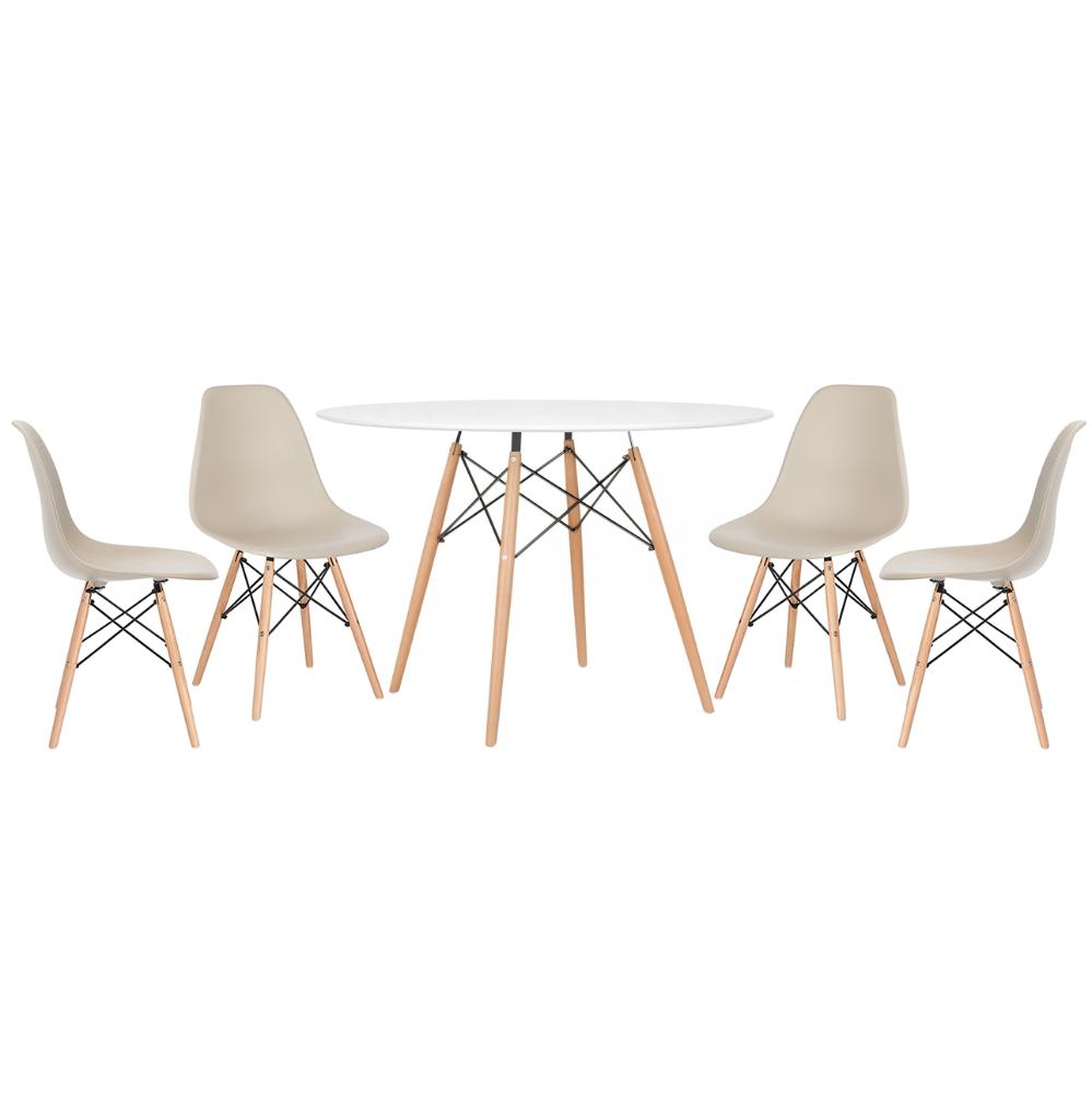 Mesa redonda Eames 120 cm branco + 4 cadeiras Eiffel DSW Nude