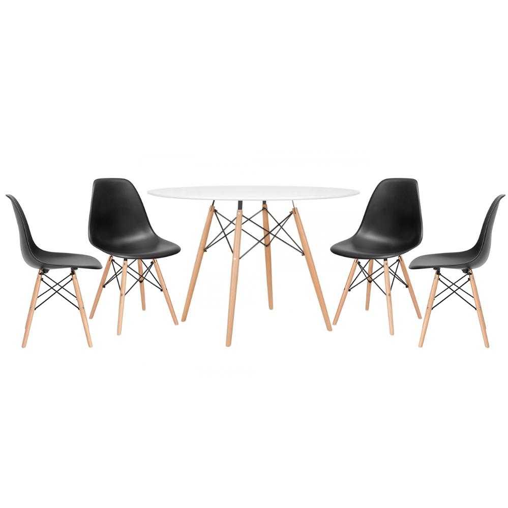 Mesa redonda Eames 120 cm branco + 4 cadeiras Eiffel DSW Preto